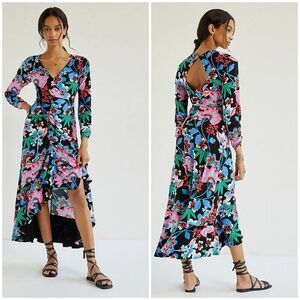 Anthropologie Maeve Ruched Floral Maxi Dress Long Sleeve Size 00 Boho Chic